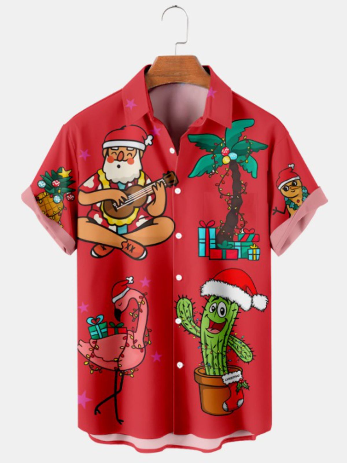 Christmas Santa Flamingo Print Short Sleeve Shirt