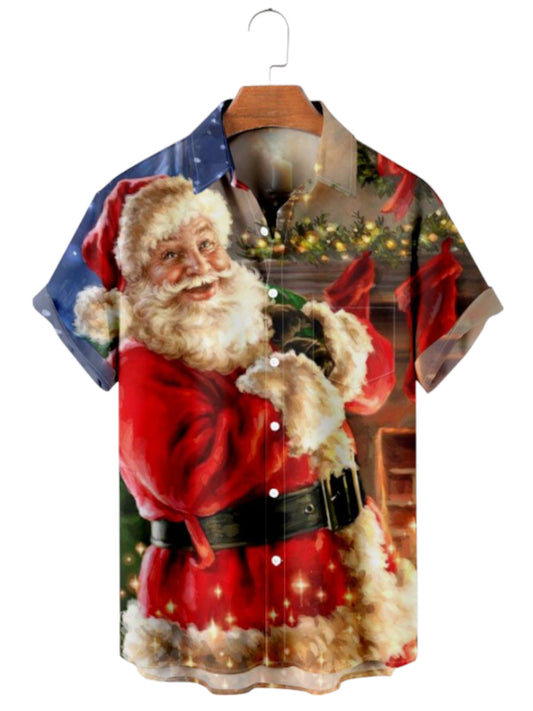 Festive Santa Print Short Sleeve Holiday Shirt