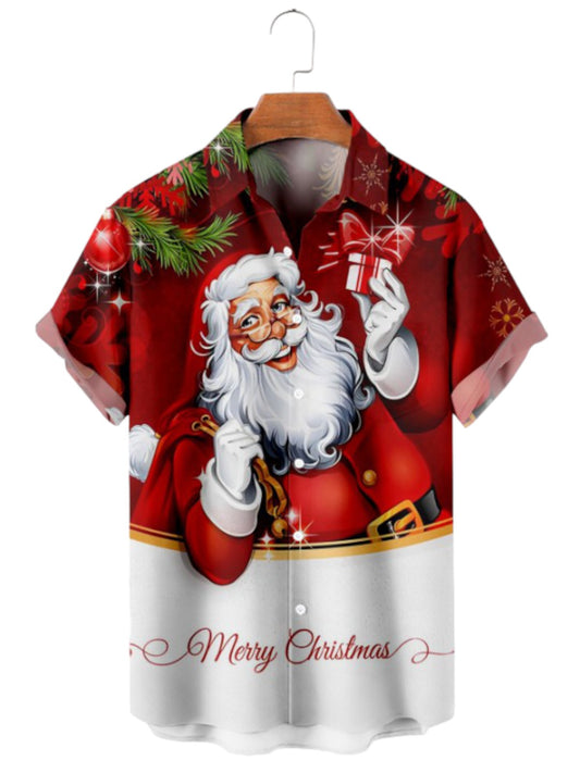 Christmas Santa Print Casual Short Sleeve Shirt