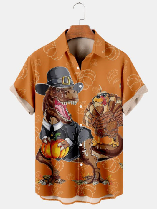 Dinosaur Turkey Pumpkin Print Short Sleeve Shirt