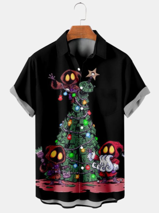 Elf Christmas Tree Print Short Sleeve Shirt