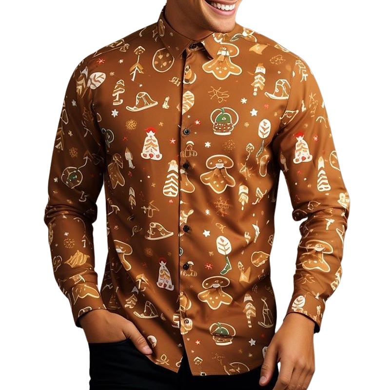 Festive Gingerbread And Holiday Motif Print Shirt