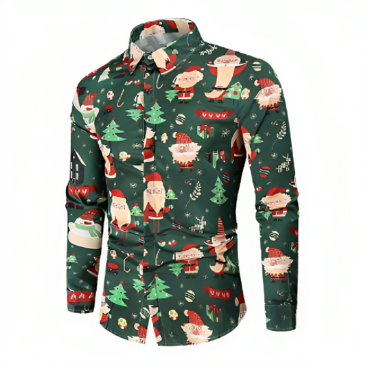 Festive Santa Christmas Tree Print Casual Shirt