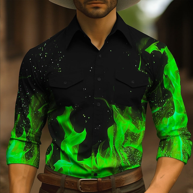 Flame Patterned Long Sleeve Button Up Shirt