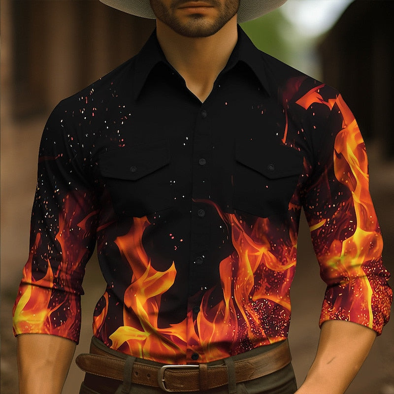 Flame Patterned Long Sleeve Button Up Shirt