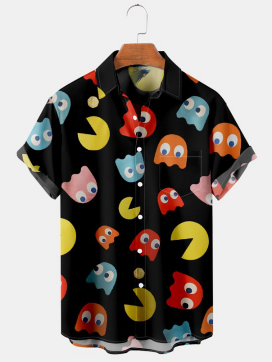 Fun Cartoon Print Pocket Short Sleeve Shirt