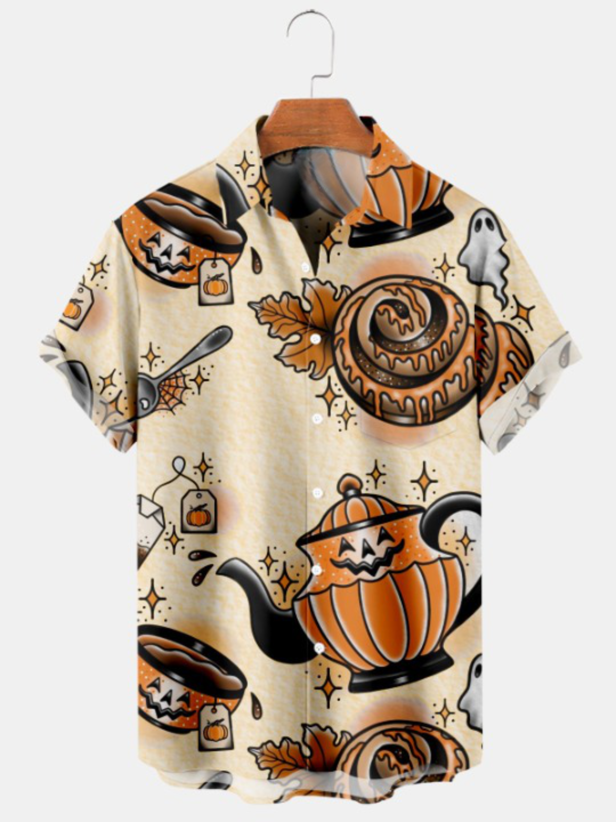 Coffee Tea Print Pocket Short Sleeve Shirt