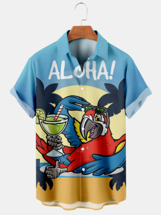 Fun Parrot Cocktail Print Casual Short Sleeve Shirt