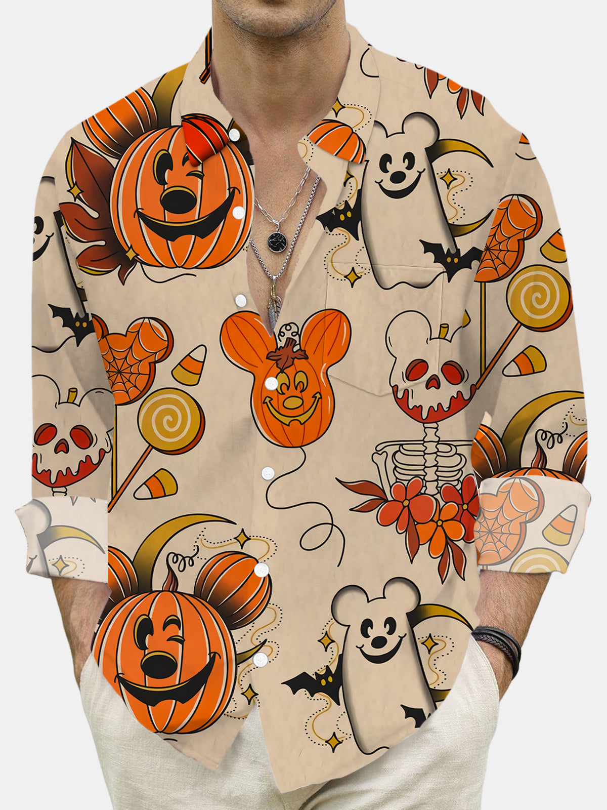 Pumpkin Mouse Print Casual Long Sleeve Shirt