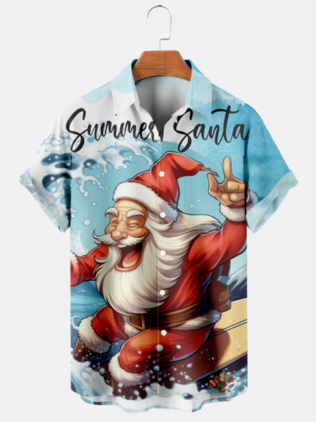 Santa Surf Christmas Print Short Sleeve Shirt