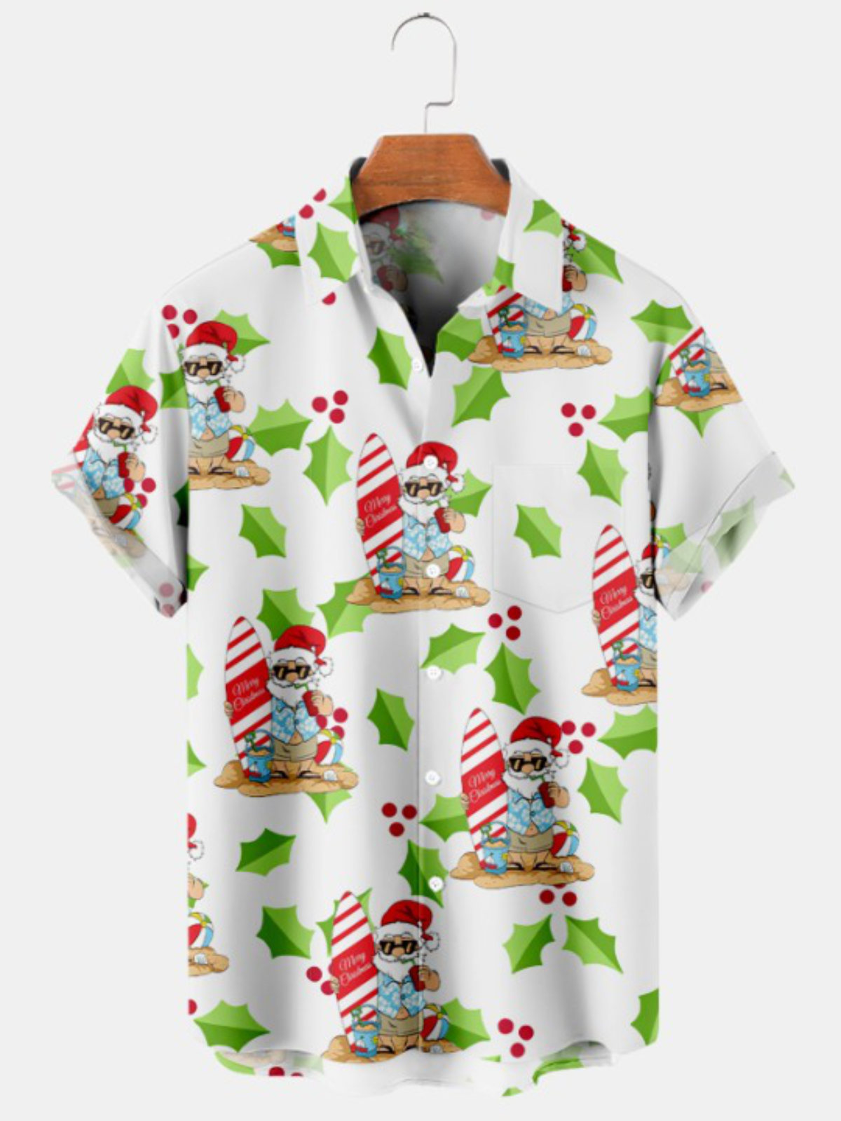 Funny Santa On Beach Print Short Sleeve Shirt