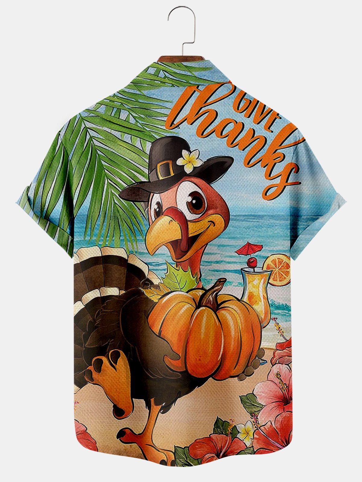 Funny Turkey Print Pocket Short Sleeve Shirt