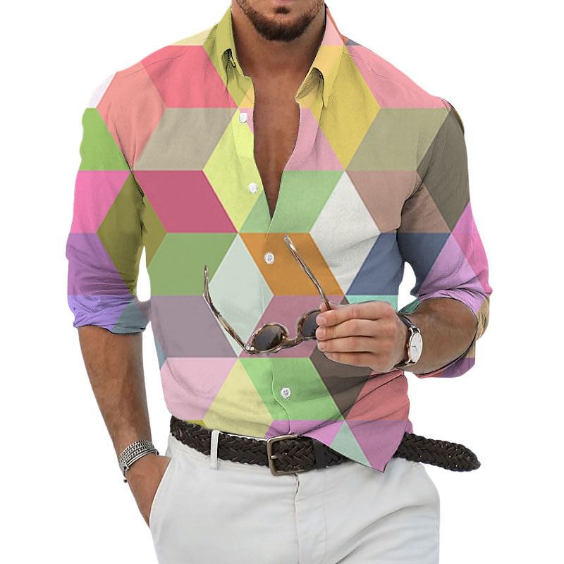 Geometrical Graphic Themed Turndown Party Printed Shirt