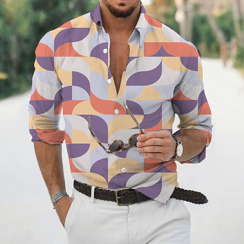 Geometrical Graphic Themed Turndown Party Printed Shirt