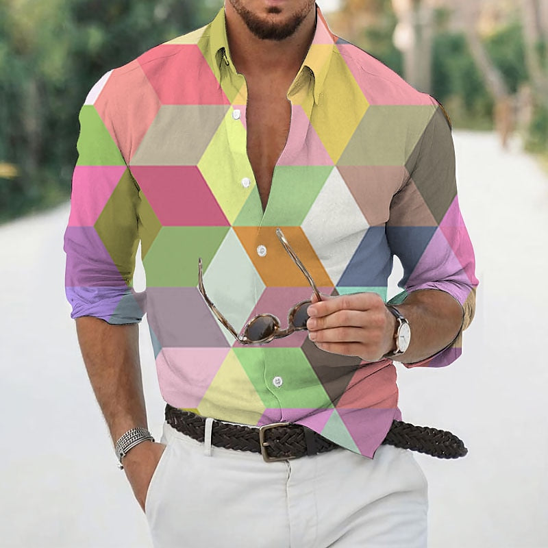 Geometrical Graphic Themed Turndown Party Printed Shirt