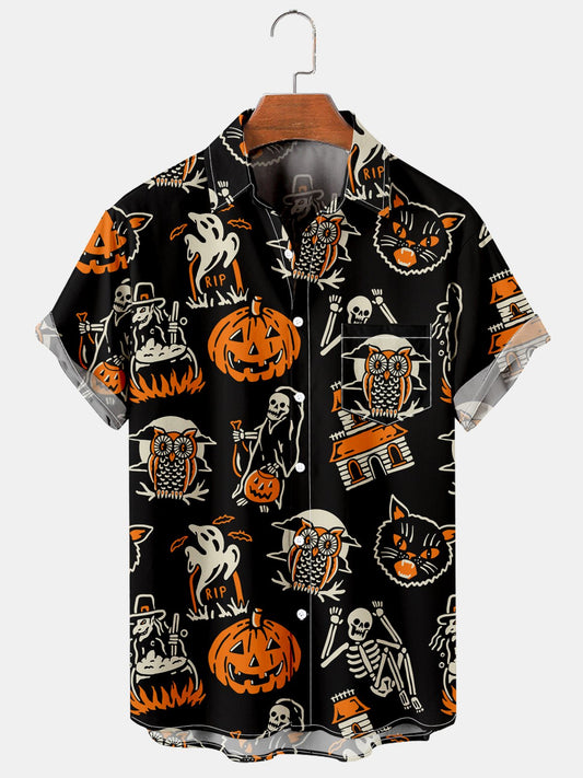 Halloween Owl Print Short Sleeve Shirt