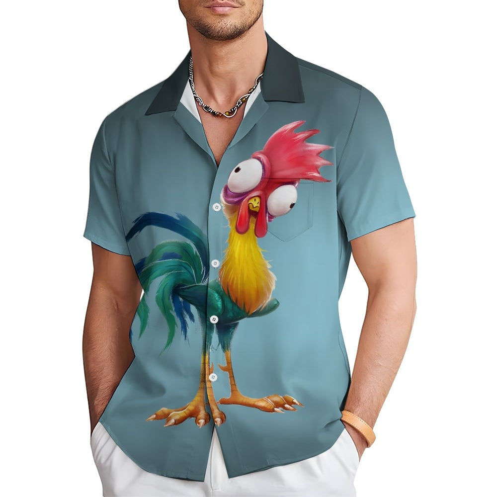 Gradient Funny Rooster Printed Short Sleeve Shirt