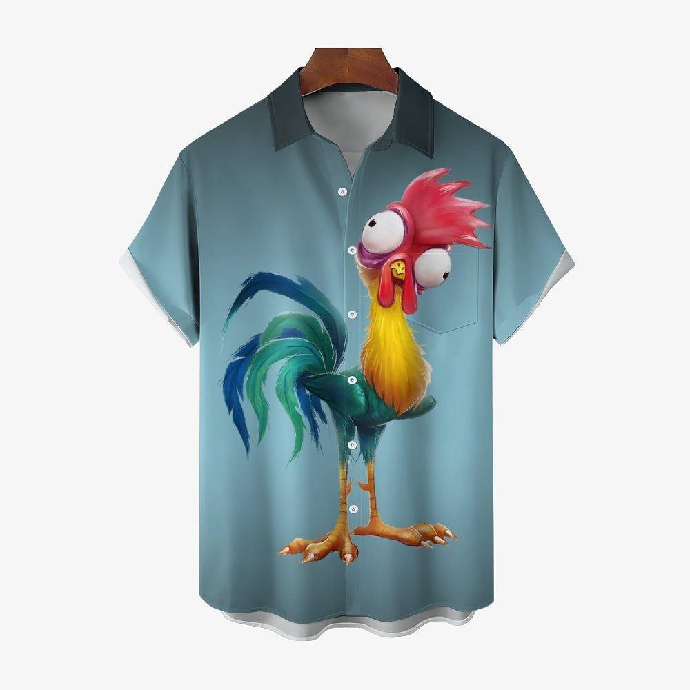 Gradient Funny Rooster Printed Short Sleeve Shirt