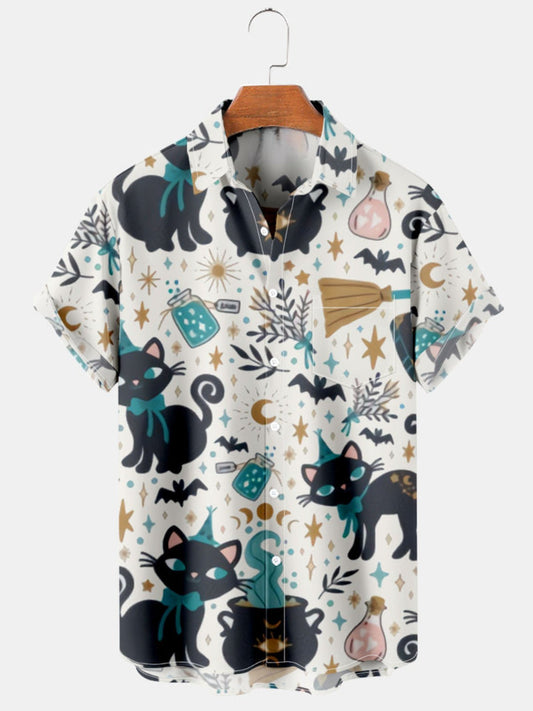 Halloween Cat And Bat Printed Shirt