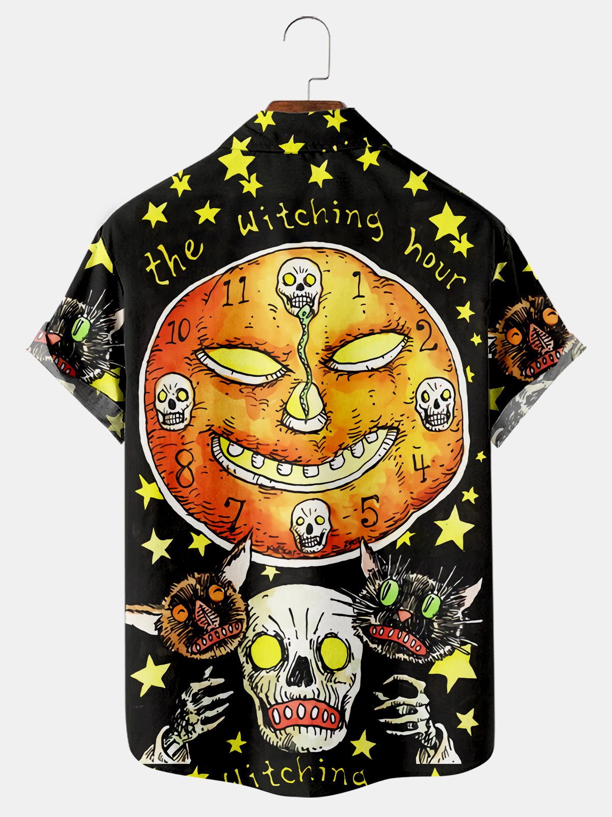 Halloween Cat Clock Short Sleeve Shirt