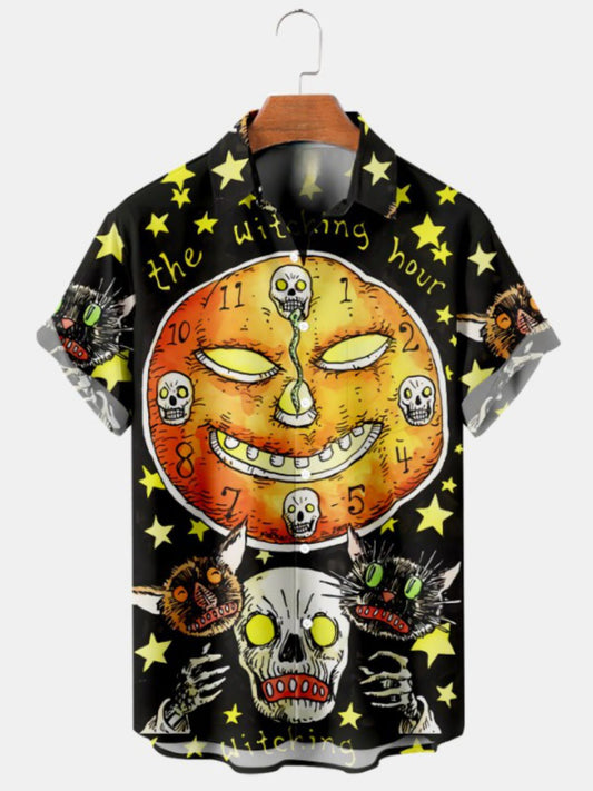 Halloween Cat Clock Short Sleeve Shirt