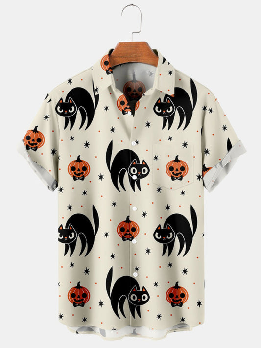 Halloween Cat Pumpkin Short Sleeve Shirt