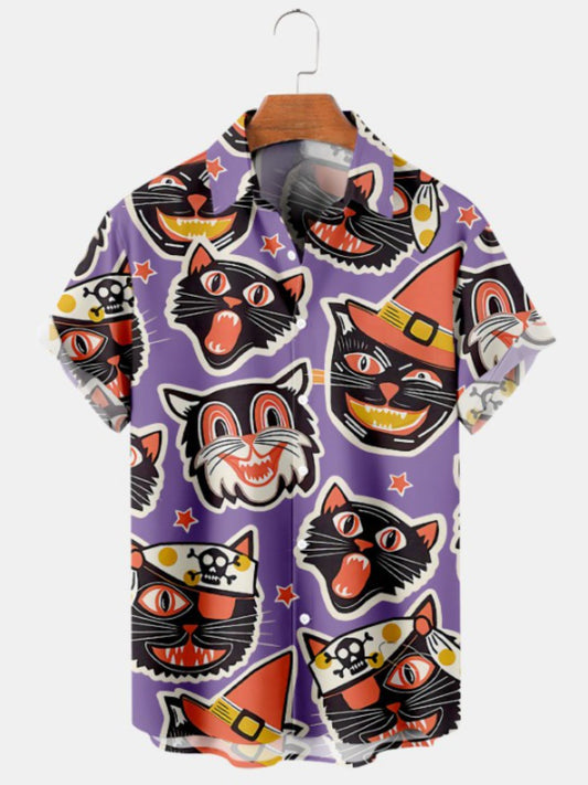 Halloween Fun Pirate Cat Print Short Sleeve Shirt