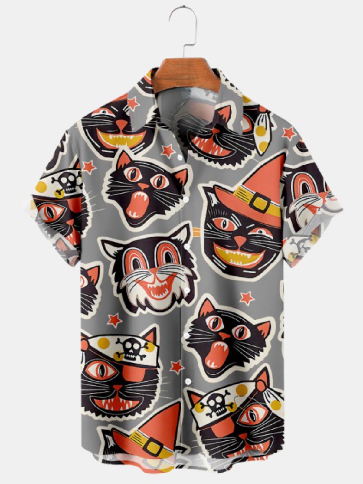 Halloween Fun Pirate Cat Print Short Sleeve Shirt