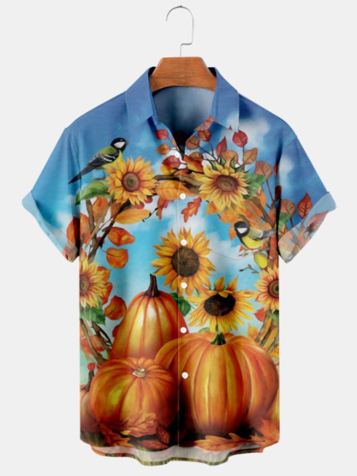 Harvest Pumpkin Sunflower Print Short Sleeve Shirt