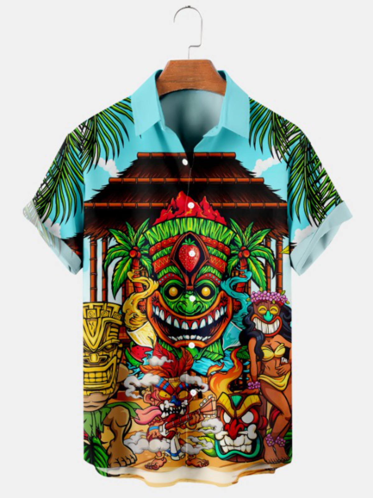 Hawaiian Funny Mask Print Short Sleeve Shirt