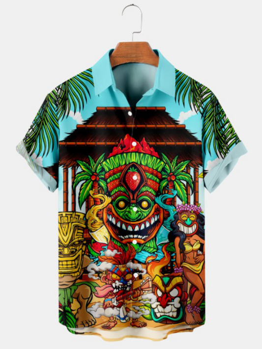 Hawaiian Funny Mask Print Short Sleeve Shirt