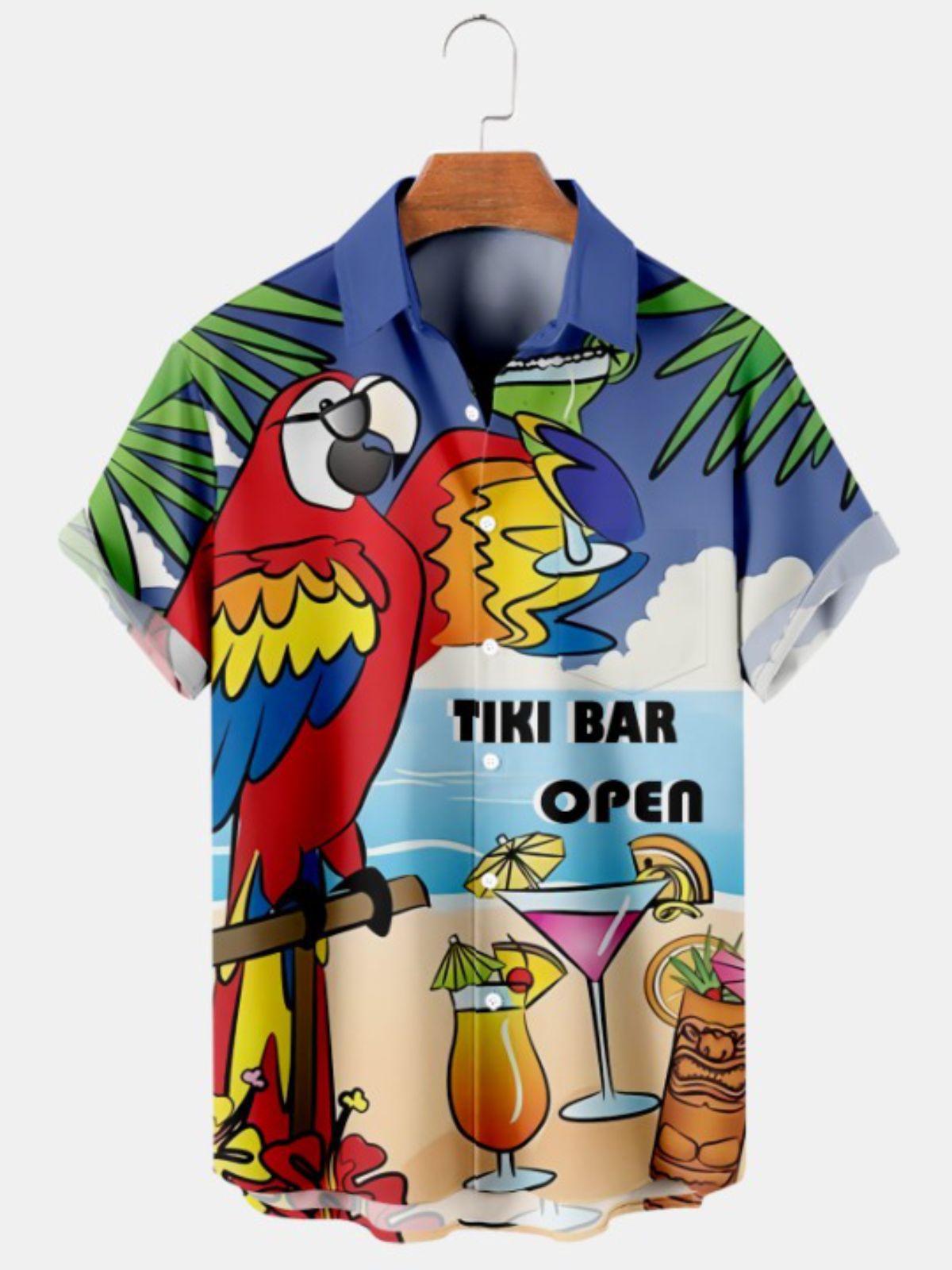 Hawaiian Parrot And Tiki Print Short Sleeve Shirt