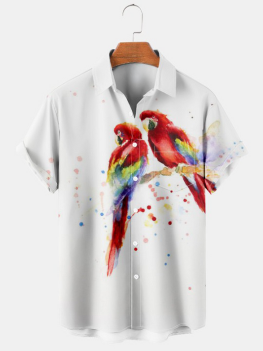 Hawaiian Parrot Print Pocket Short Sleeve Shirt