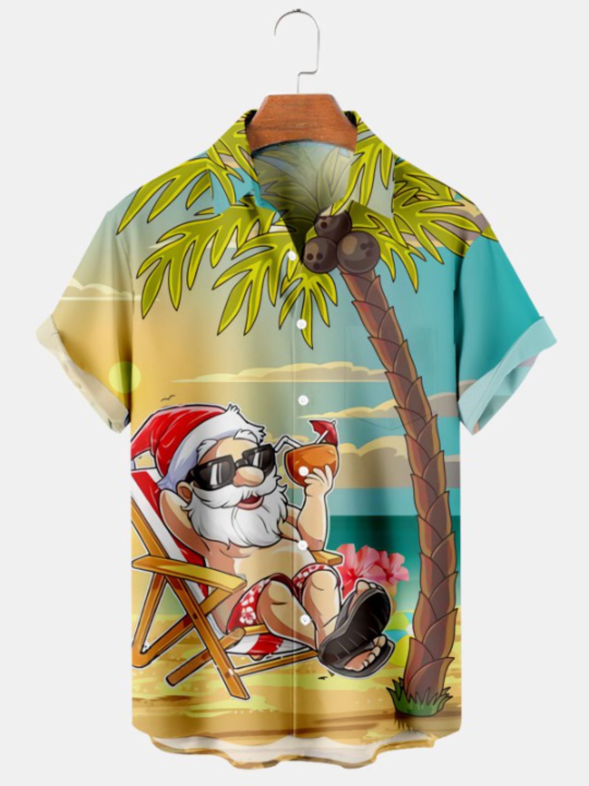 Hawaiian Santa Print Casual Short Sleeve Shirt