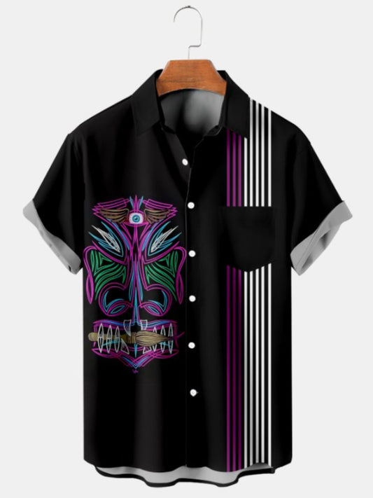 Hawaiian Tiki Funny Line Mask Striped Shirt