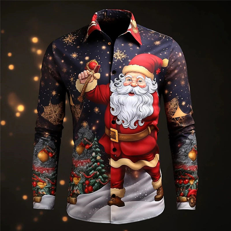 Long Sleeve Santa Claus Patterned Shirt