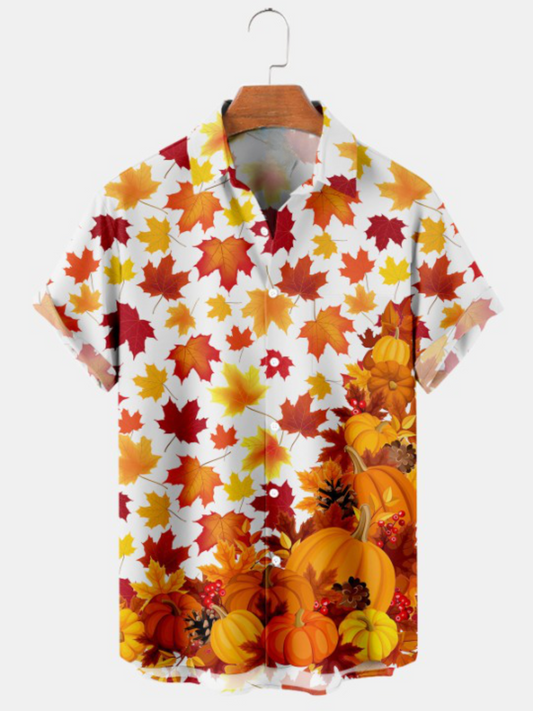 Maple Leaf And Pumpkin Print Short Sleeve Shirt