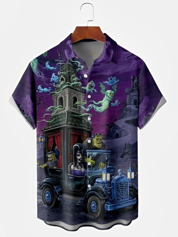 Men's Halloween Monsters Printed Short Sleeve Shirt