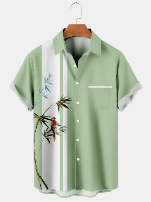 Minimalist Bamboo And Parrot Print Short Sleeve Shirt