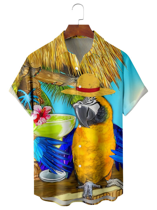 Parrot And Glass Graphic Short Sleeved Shirt