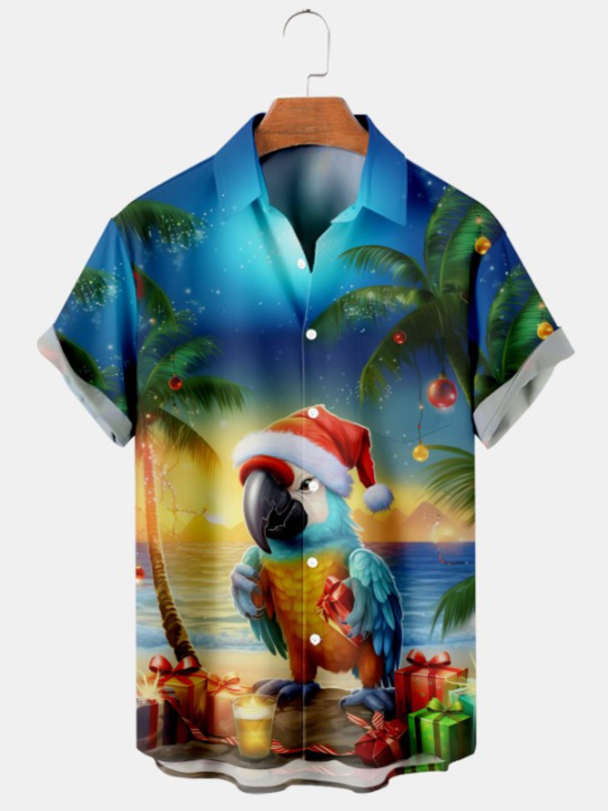 Parrot And Presents Print Short Sleeve Shirt