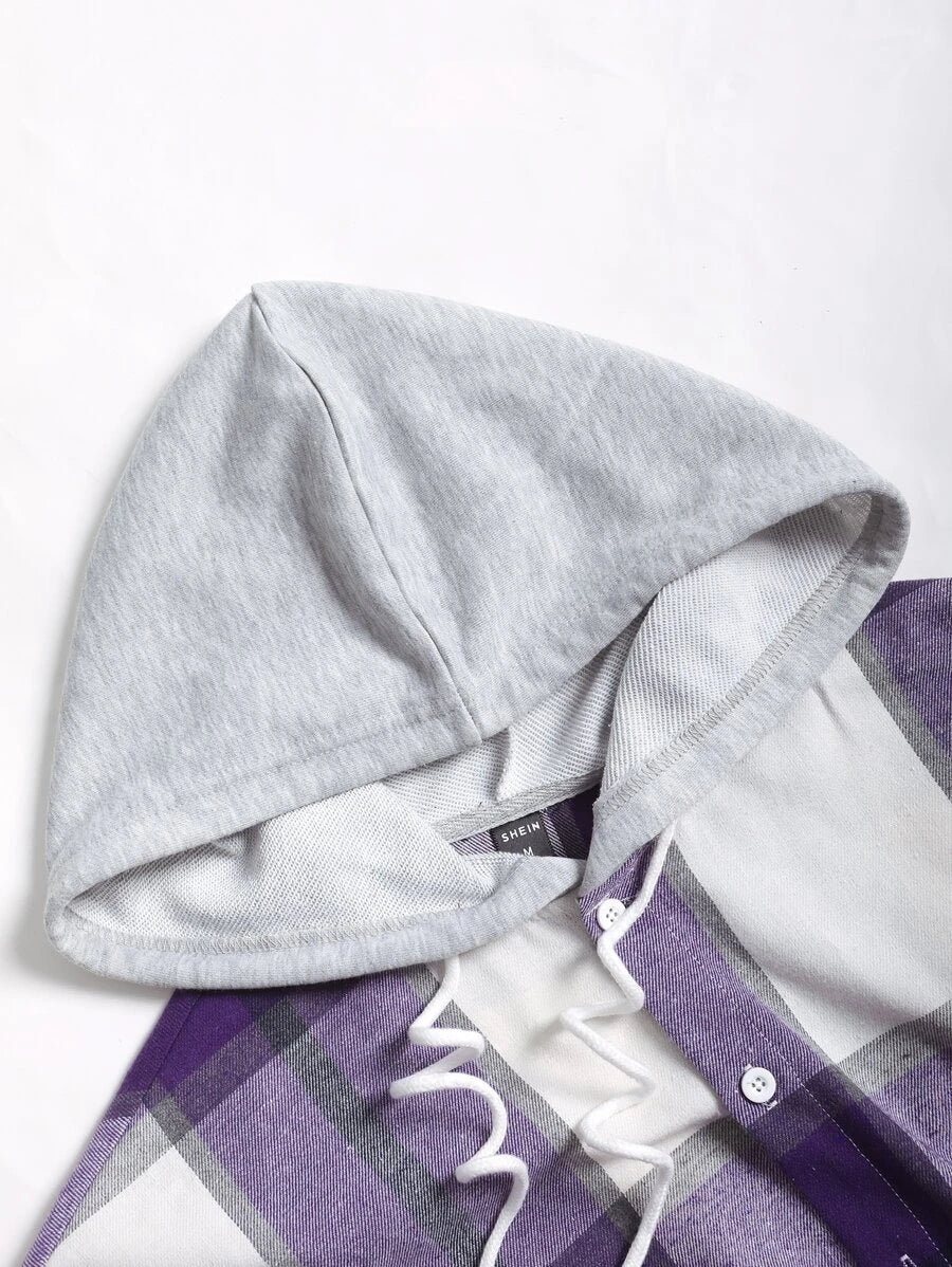 Plaid Dual Pocket Drawstring Hooded Shirt