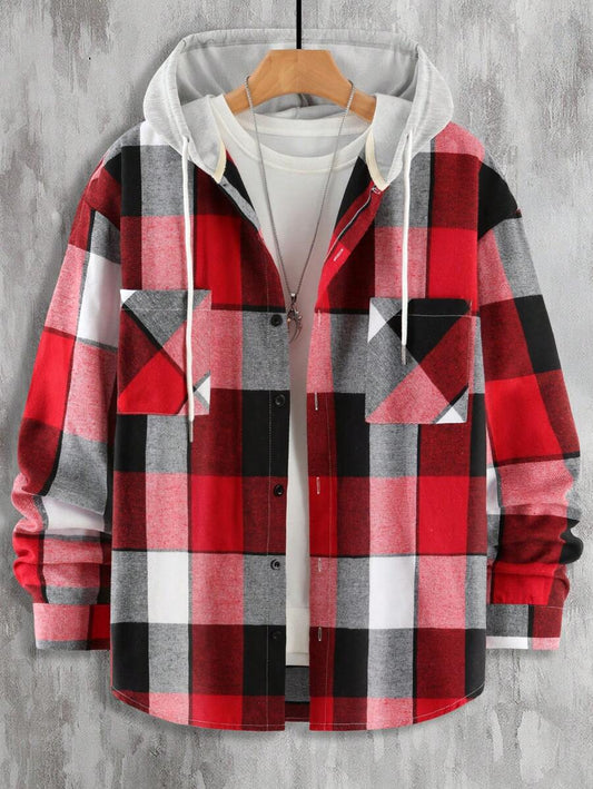 Plaid Dual Pocket Drawstring Hooded Shirt