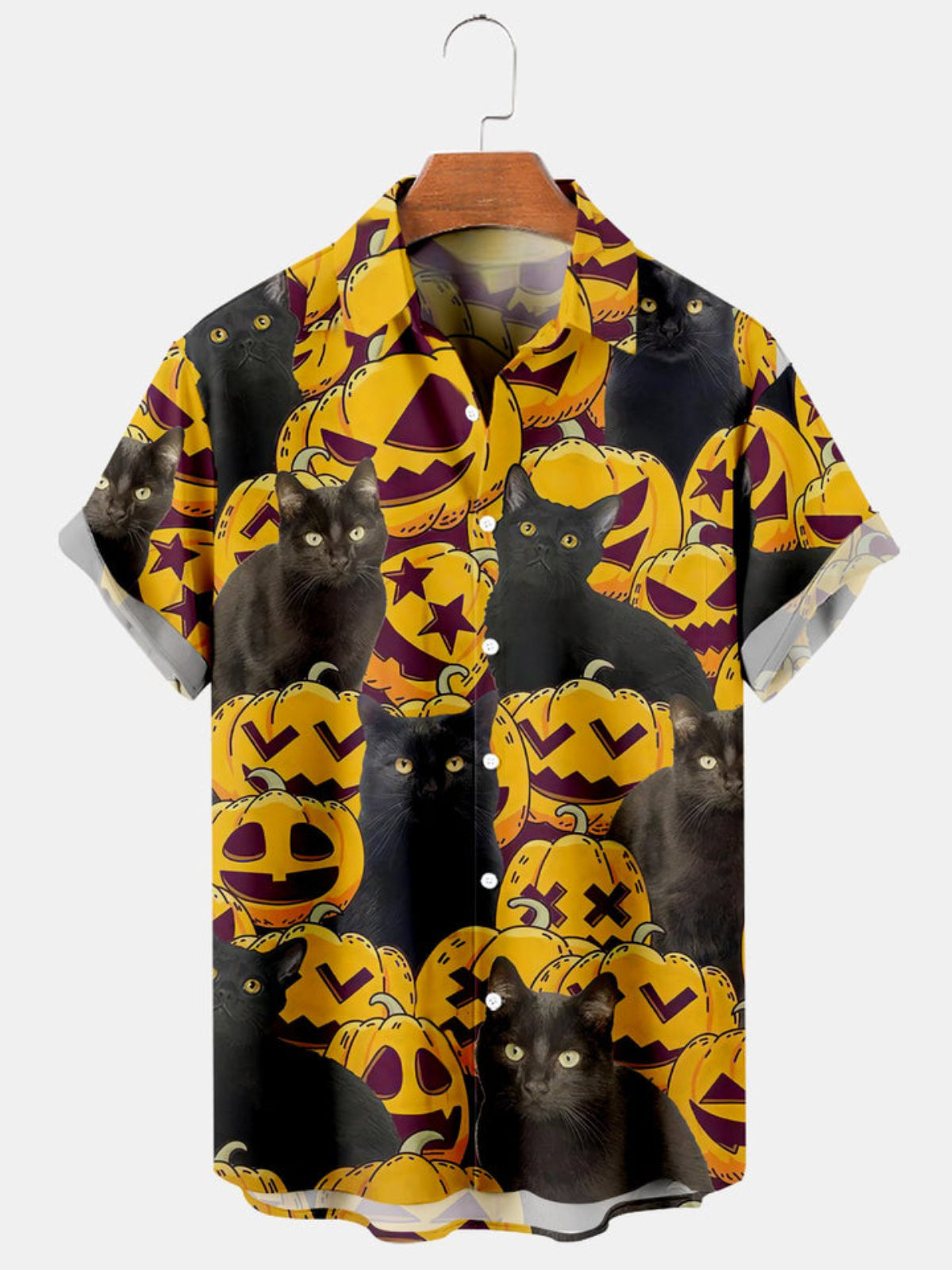 Pumpkin And Cat Printed Short Sleeve Shirt