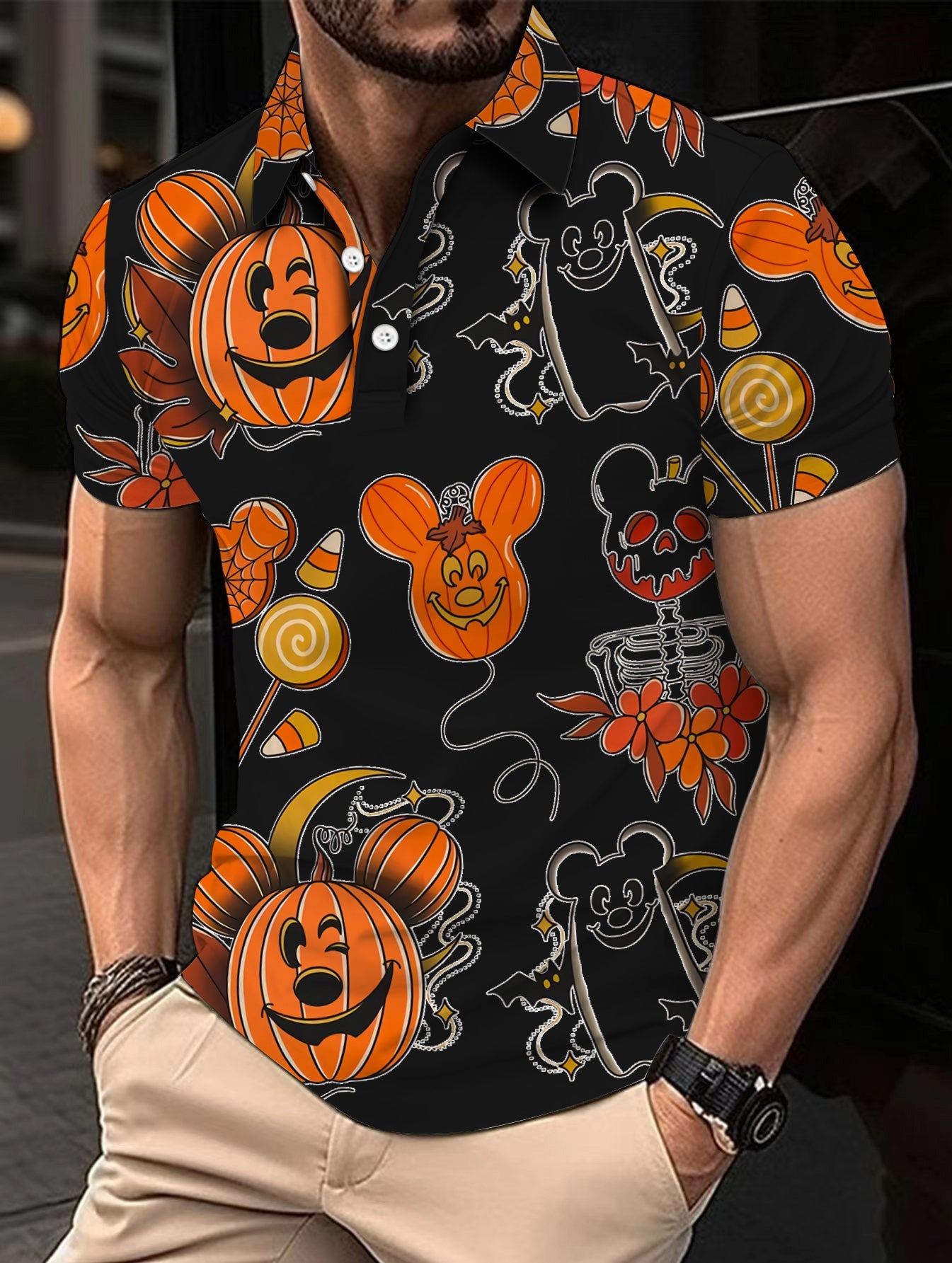 Pumpkin Print Polo Shirt