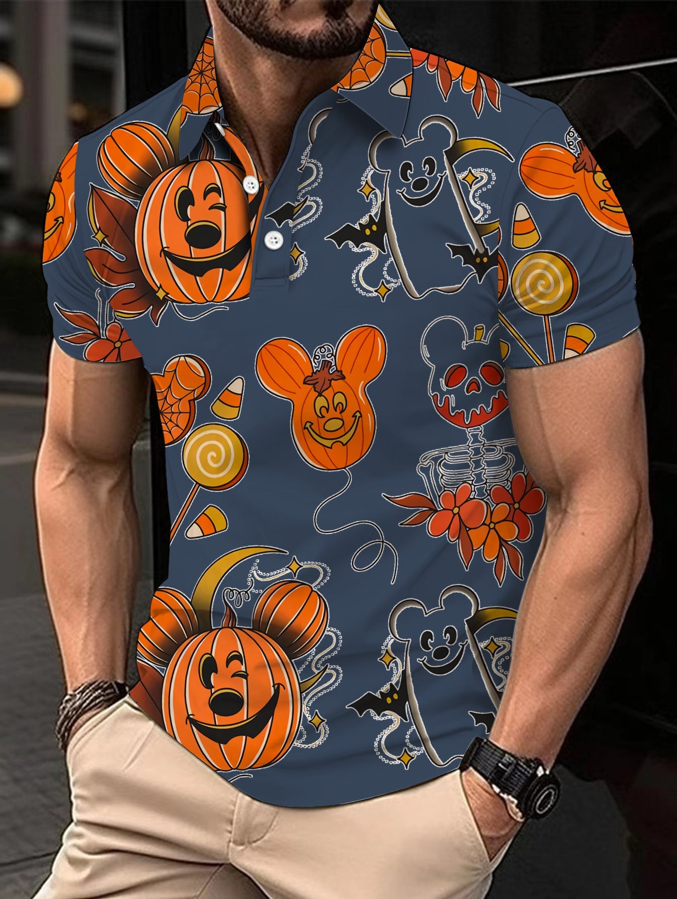 Pumpkin Print Polo Shirt