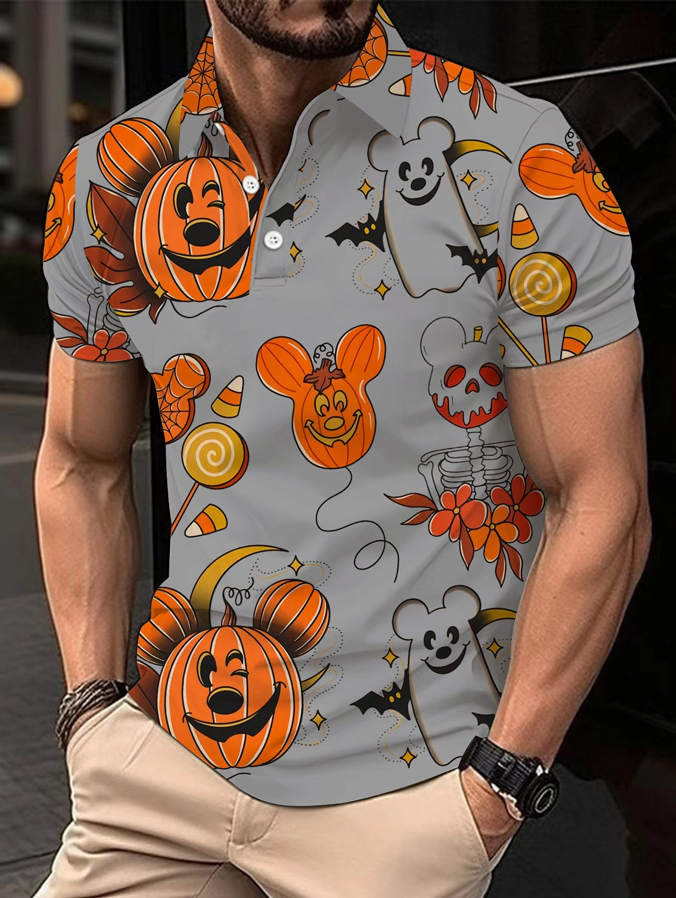 Pumpkin Print Polo Shirt