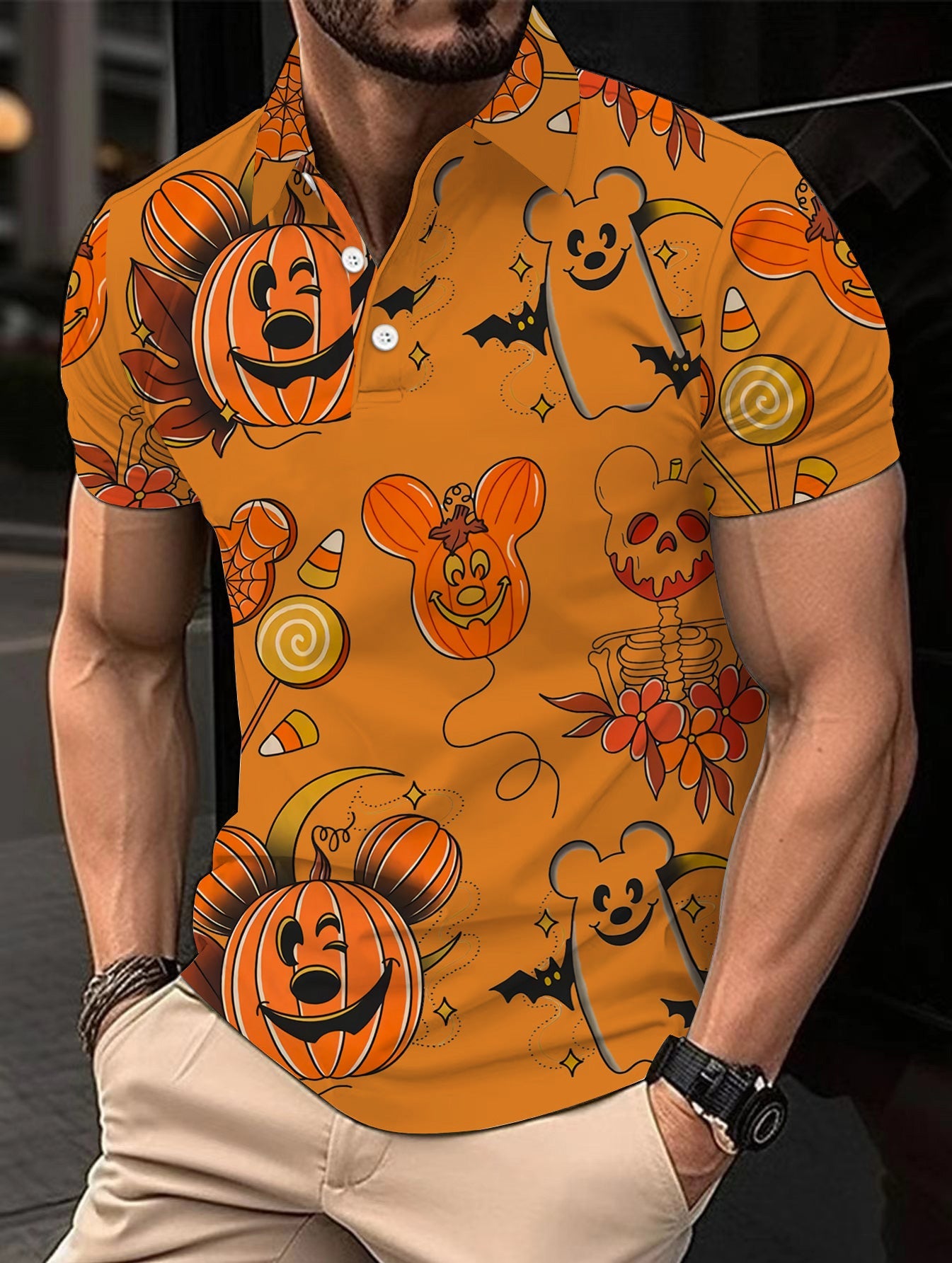 Pumpkin Print Polo Shirt