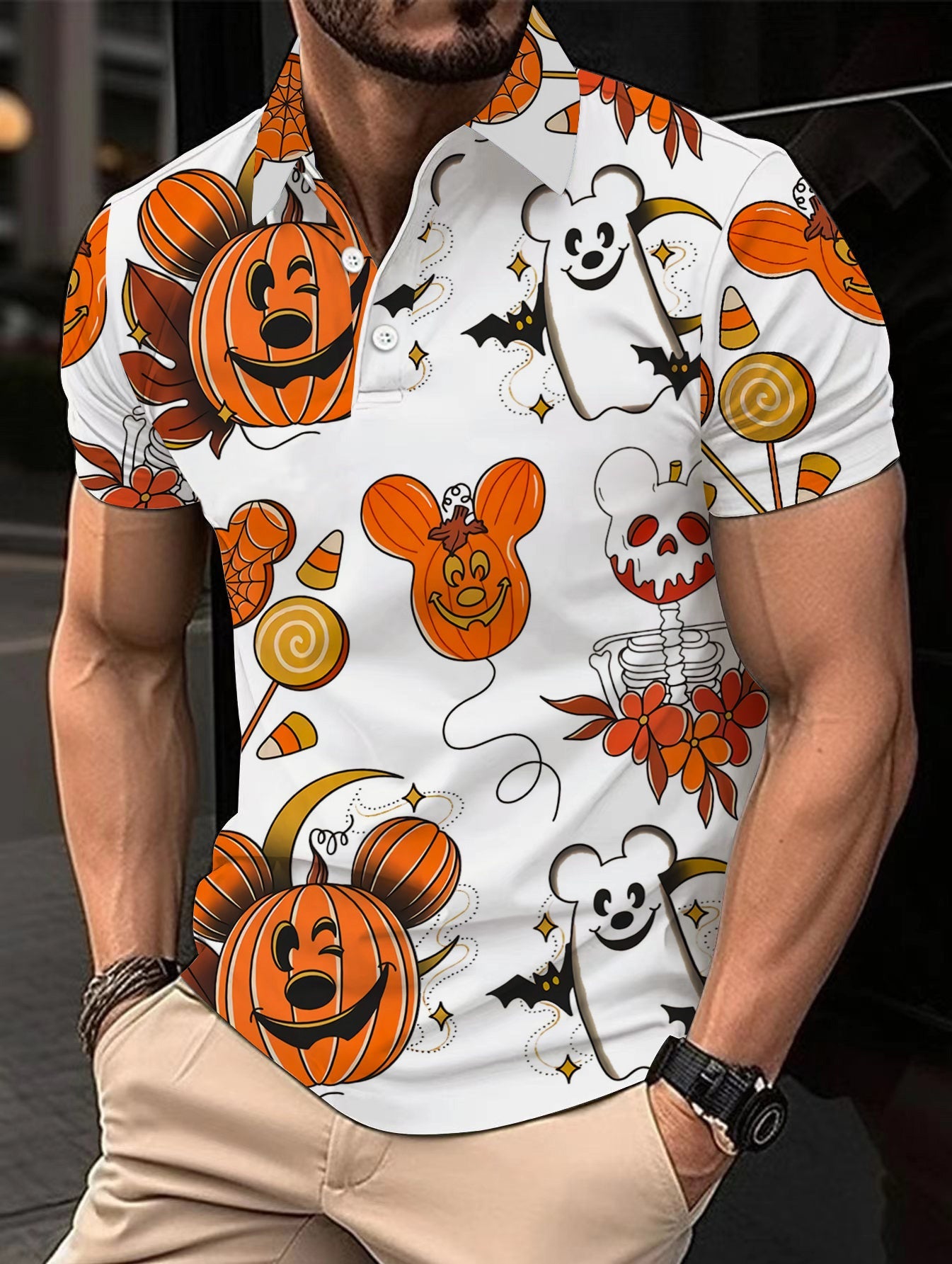 Pumpkin Print Polo Shirt