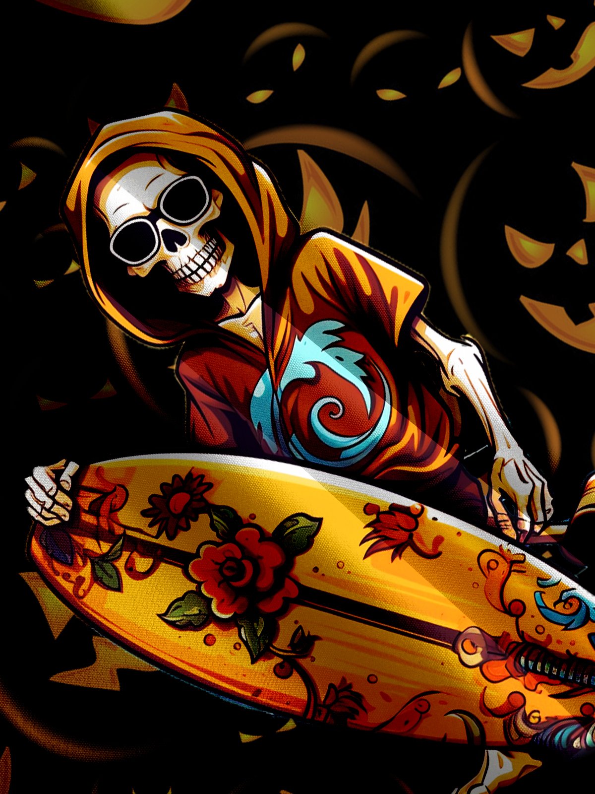 Pumpkin Surfboard Print Short Sleeve Shirt